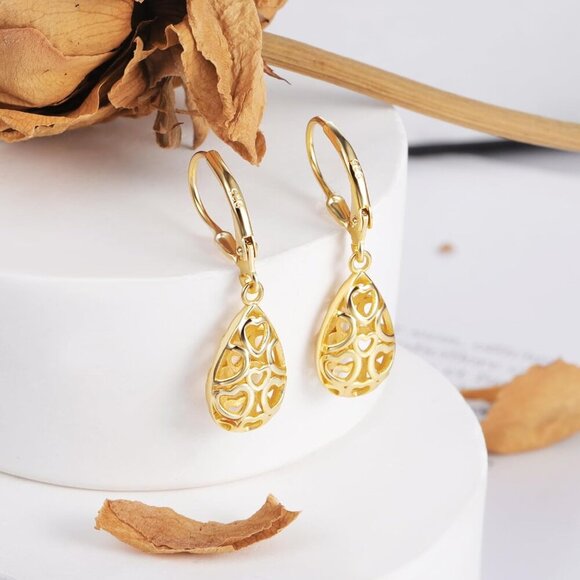 C-14K Gold Plated Dainty Teardrop Dangle Leverback Trendy Earrings for Women - Picture 7 of 7